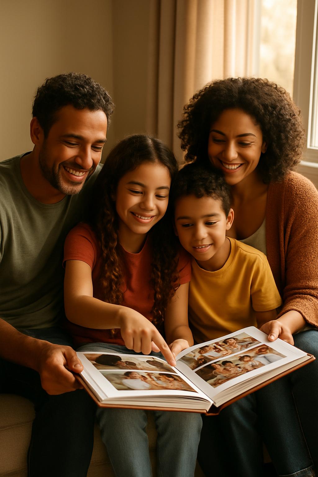 Família lendo um livro de memórias